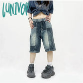 Lunivop Women’s Patchwork Design Wide Leg Blue Denim Shorts Unisex Style Capris Summer Female